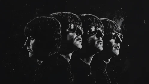 Monochrome side portraits of four men wearing sunglasses.