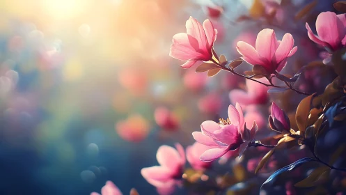 Blushing Magnolia Blossoms Dance in Dreamlike Dawn Glow.