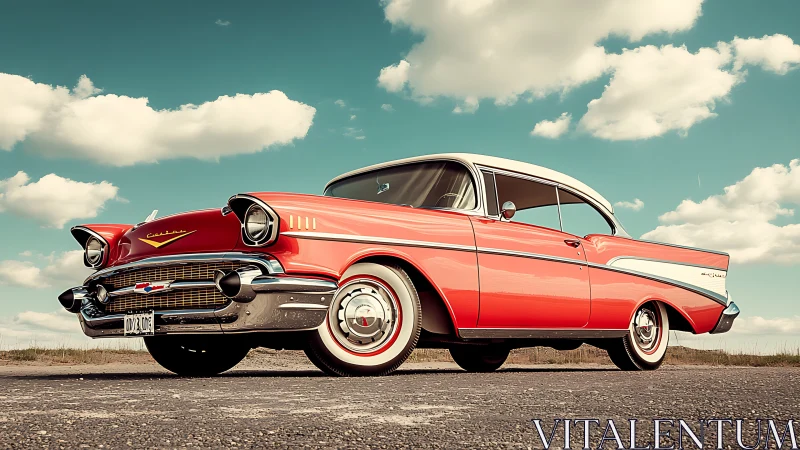 Sunlit red classic car gleams under a wide open country sky