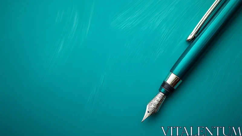 Turquoise fountain pen lies on smooth teal surface