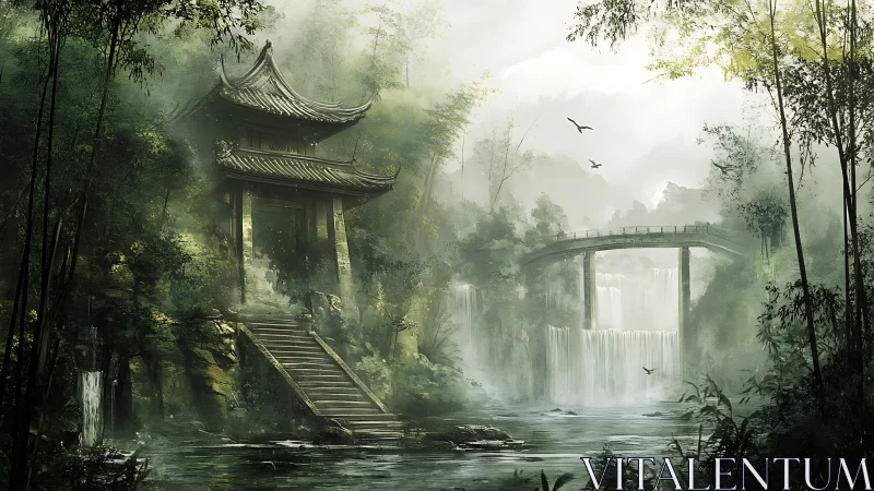 Misty forest temple overlooks arched bridge and waterfalls