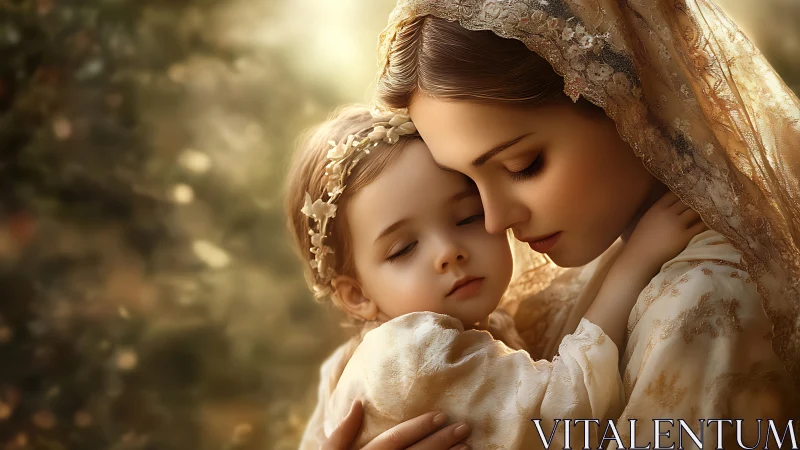 Mother and Child in Garden Setting with Vintage Aesthetic