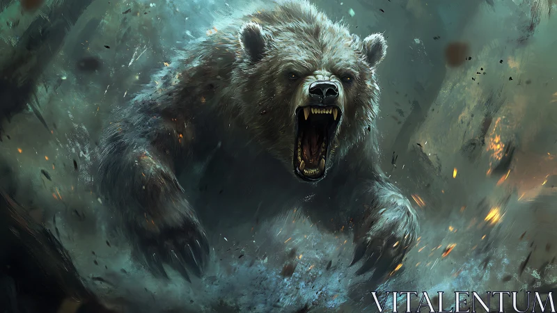 Raging bear storms through a smoky battlefield in fury.