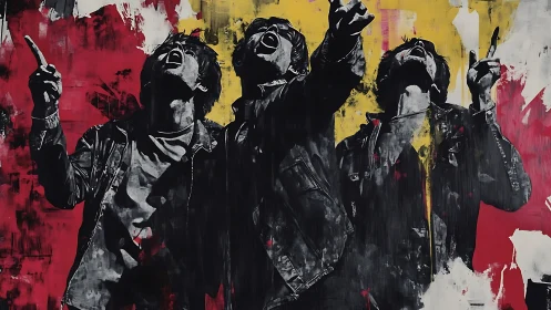 Bold urban figures reaching upward in expressive motion.