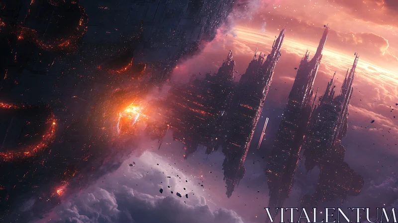 Tilted sci fi megastructures above cloud-covered planet.