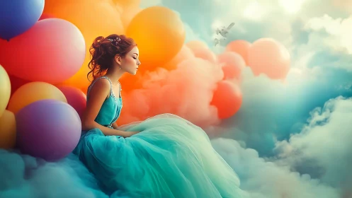 Young woman in teal dress seated amid diffuse balloons and fog