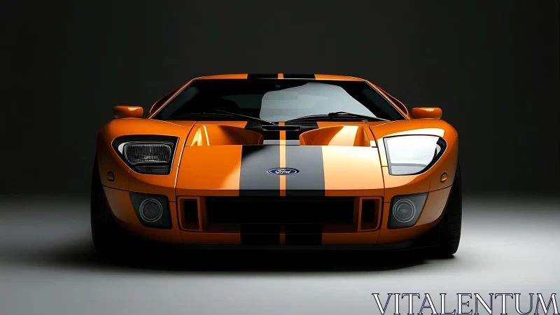 Molten orange Ford GT snarls under sculpted studio light.