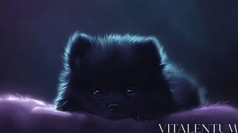 Black puppy resting on soft surface in dim light.