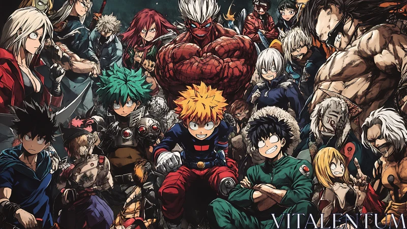 Group portrait of stylized combat-ready characters in dense layout