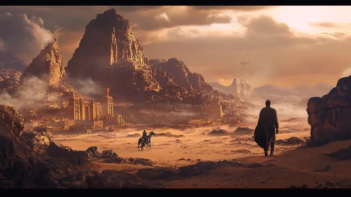 Desert traveler approaching ancient mountain city ruins.