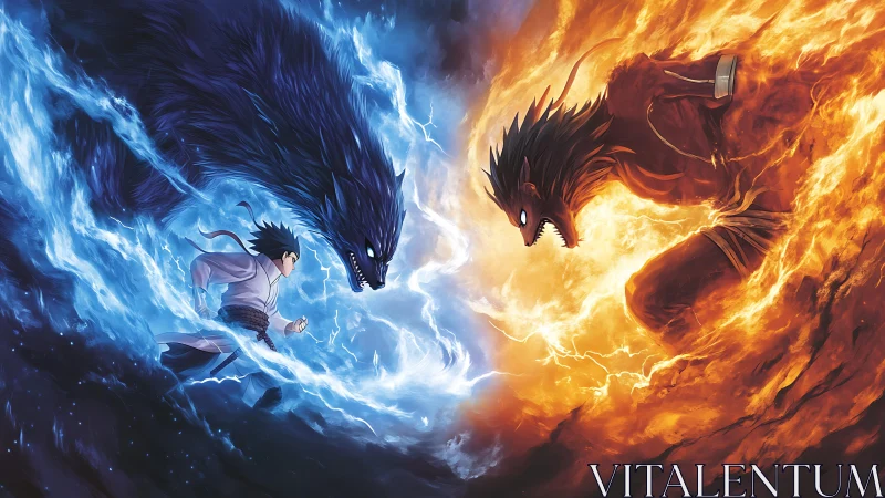 Elemental warriors clash as fire and lightning beasts collide.