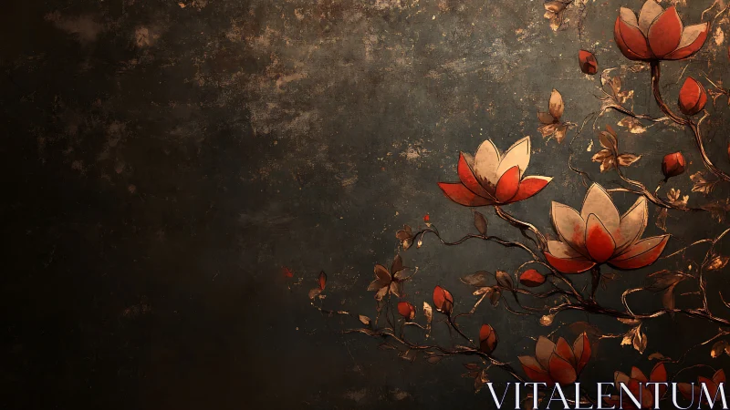 Red and Gold Lotus Flowers Against Weathered Dark Background.