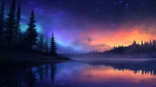 Twilight aurora over misty forest lake horizon at dusk.