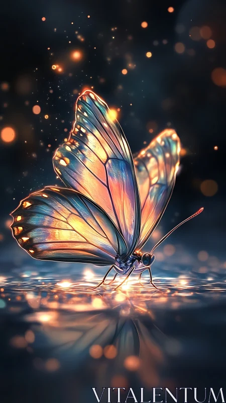 Luminous butterfly close-up in reflective bokeh environment.