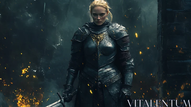 Armored warrior stands in smoked environment with embers visible