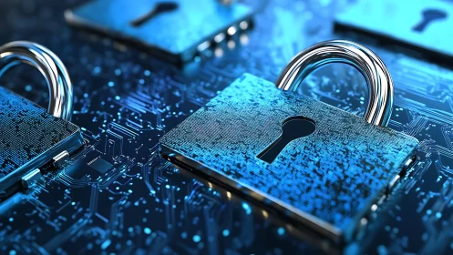 Metallic padlocks secure a blue illuminated digital circuit board