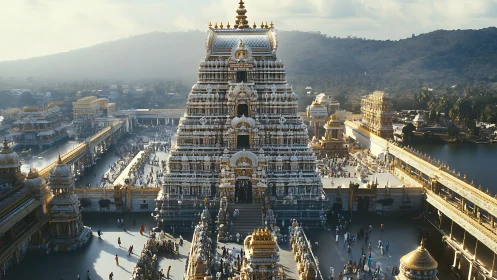 Golden Hindu temple complex rises above crowded pilgrim plaza
