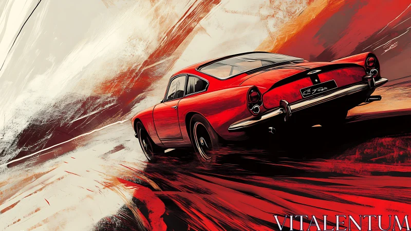 Red classic sports car powers through abstract speedscape.