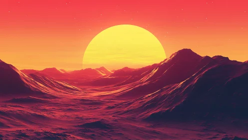 Radiant alien sunrise glows over quiet crimson mountains