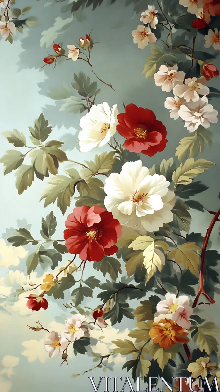 Botanical floral study on pale ground in digital painting style.