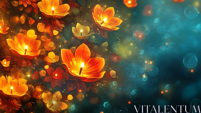 Illuminated flowers transitioning between warm and cool color fields.