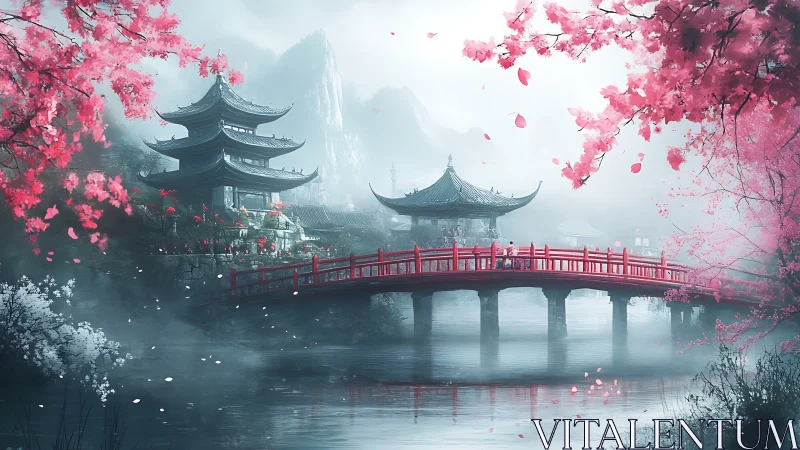 Mist-draped cherry bridge cradles a quiet mountain temple