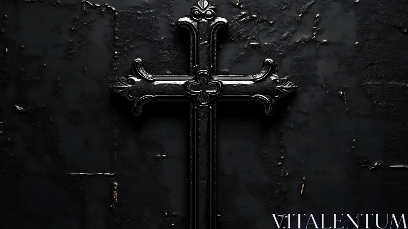 Quiet black cross against a weathered midnight wall.