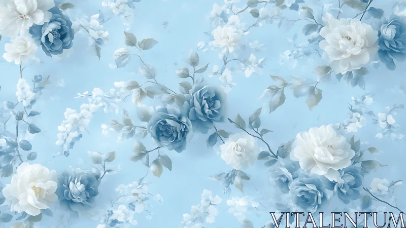 Soft Blue and White Floral Arrangement on Ethereal Background.