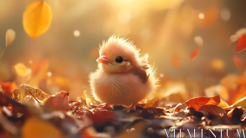 Fluffy Chick Amid Autumn Foliage with Warm Bokeh Lighting Effects
