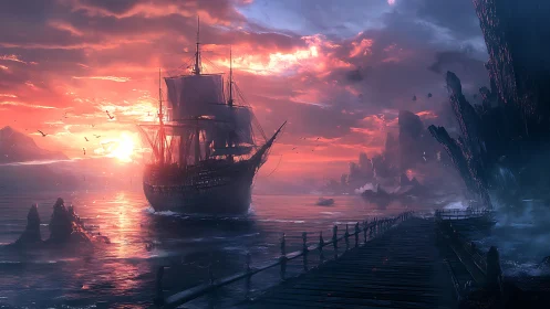 Sunset voyage beside a lonely pier and jagged cliffs.