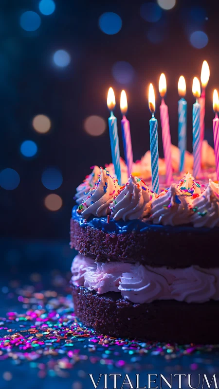 Illuminated Birthday Cake with Lit Candles and Confetti Bokeh