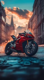 Red sport motorcycle on cobblestone street at sunset.