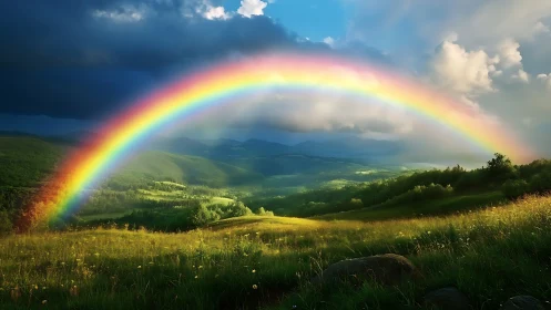 Stormlit rainbow crowns an emerald valley after rain.