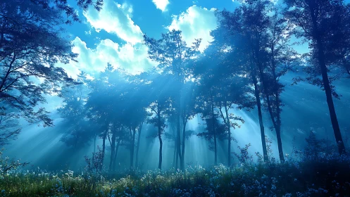 Misty Forest with Sunlight Rays and Blue Sky