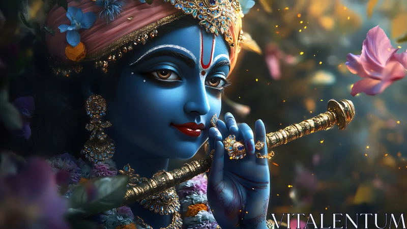 Gentle blue musician framed by flowers and golden light.