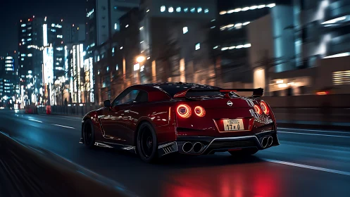 Red sports car accelerates through neon city street