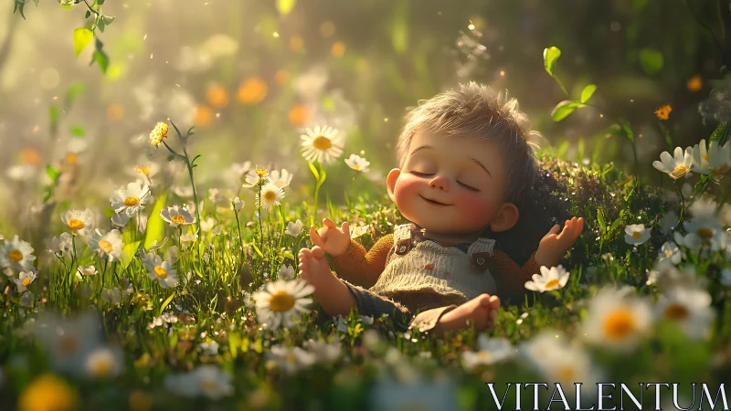 Sun-drowsy toddler dreaming in a meadow of giggling daisies.