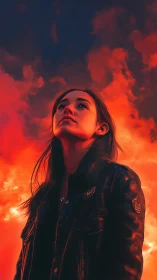 Young woman stands resolute beneath blazing red storm clouds