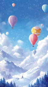 Color hot air balloons drift above snowy mountain valley.