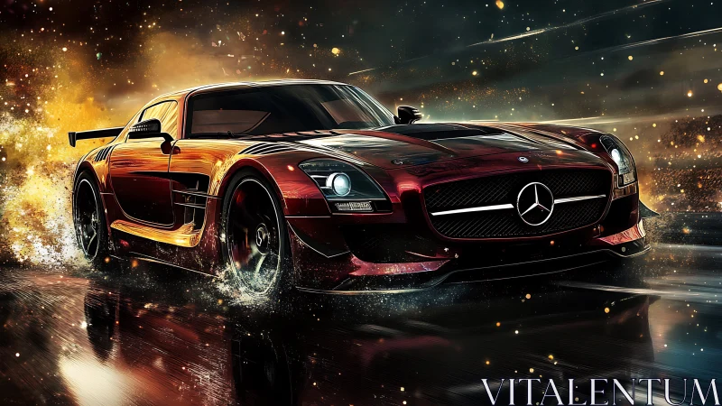 Mercedes sports coupe rendering on reflective wet roadway.