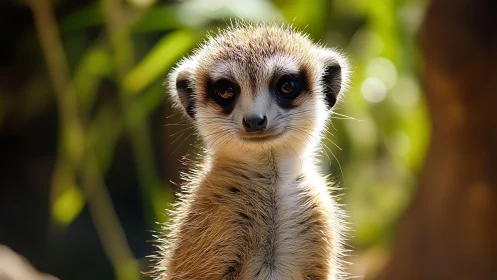 Curious little meerkat poses thoughtfully in sunlit bokeh glow