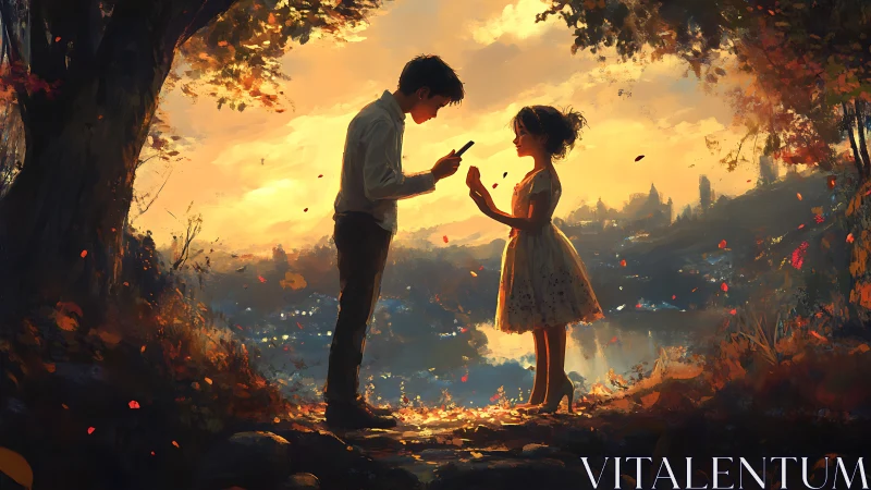 Two figures face each other under golden autumn light