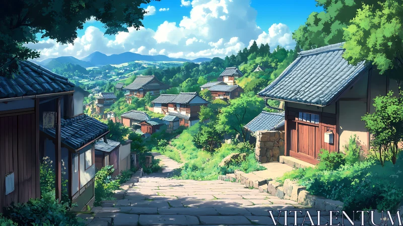 Sunlit hilltown path drifting through tranquil green rooftops.