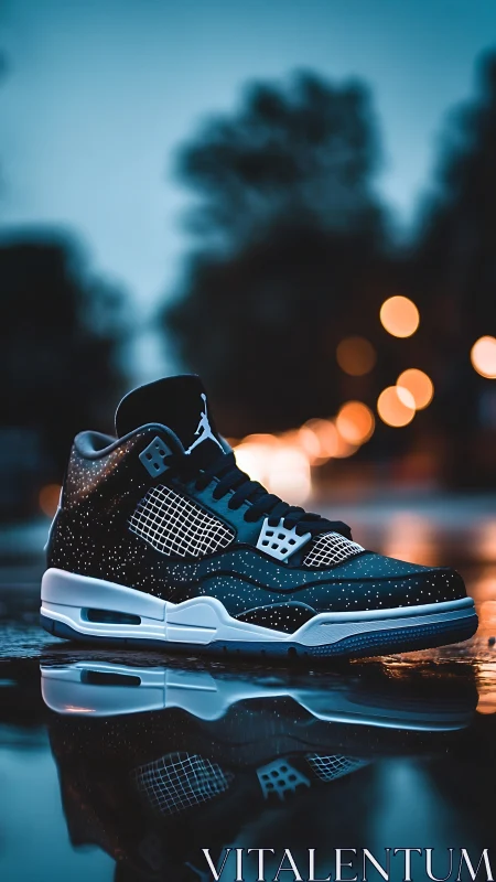 Street sneaker close-up on wet city pavement at dusk.