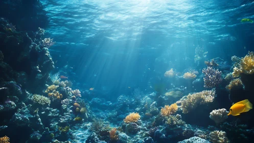 Sunlit coral reef ecosystem rendered in high-detail realism