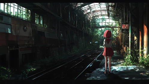 Anime rail platform under overgrown industrial canopy.