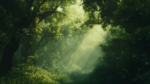 Dappled Sunlight Filtering Through Dense Forest Canopy