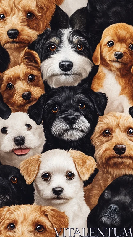 Dense arrangement of small dogs presented in frontal view
