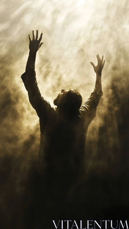 Silhouetted person standing in vertical shaft of diffused light.