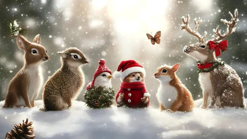 Woodland animals sit in snowy clearing wearing Christmas outfits
